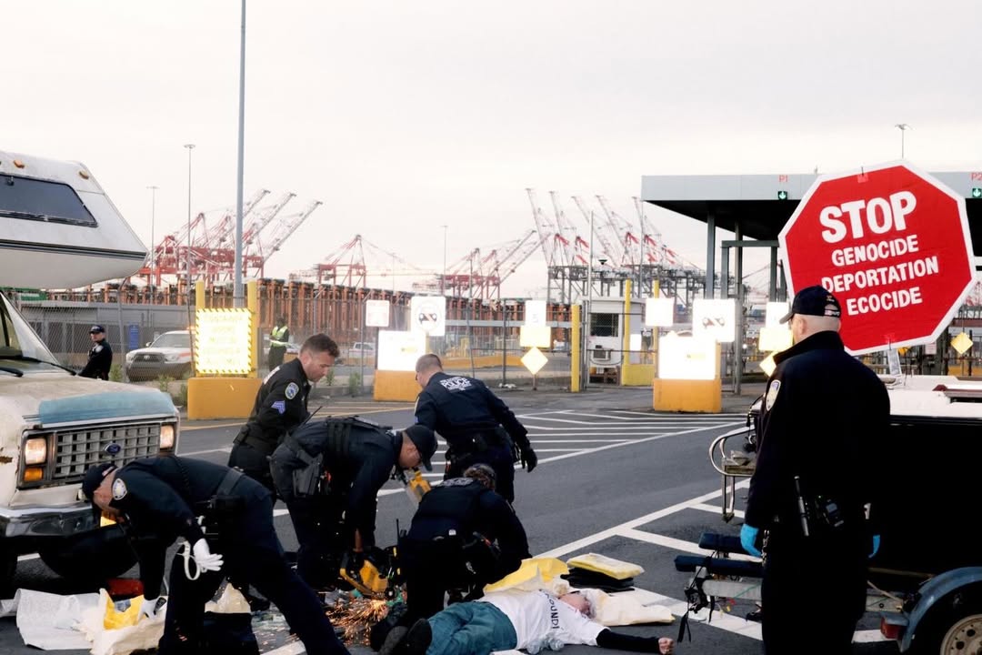 BREAKING- Earlier this morning, over 30 activists blockaded the entry point to the Maher Termina (1)
